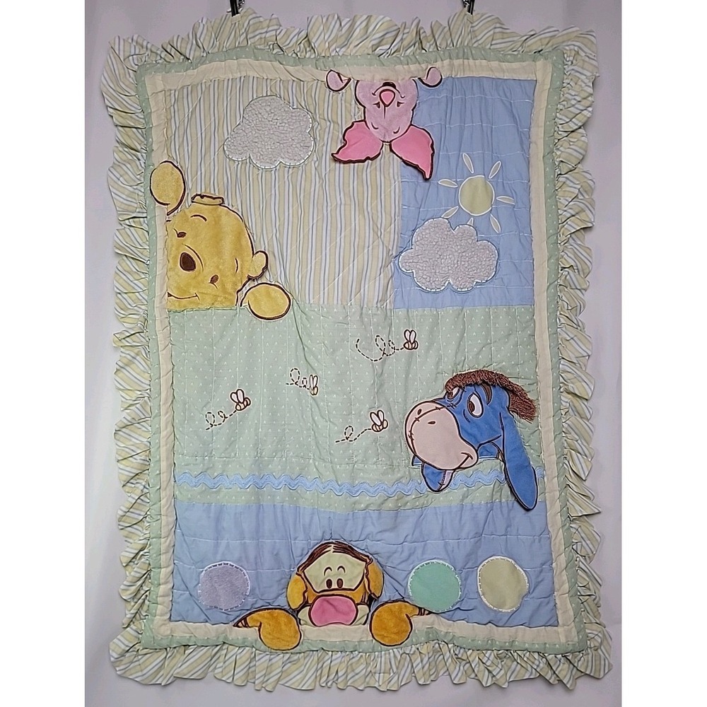 VTG Disney Winnie The Pooh and Friends Crib Quilt‎ Baby Stripe 3D Comforter 90s